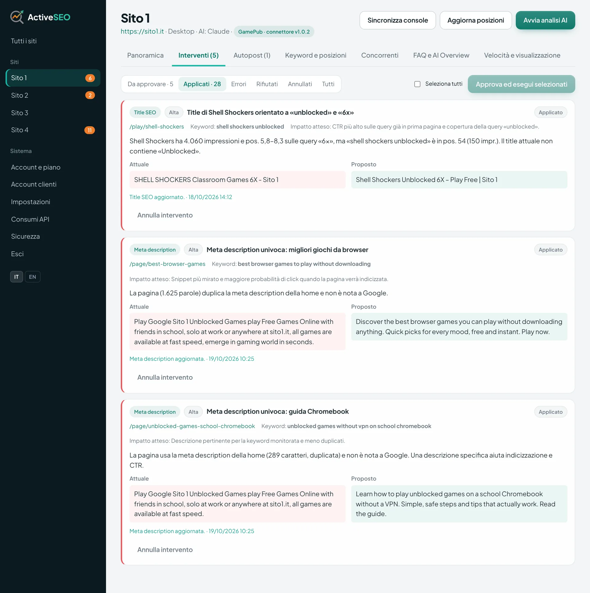 Interventi applicati con il confronto tra title e meta description attuali e proposti